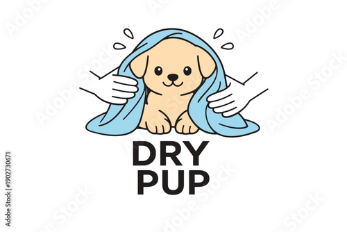 Adorable puppy wrapped in blue towel with dry pup text