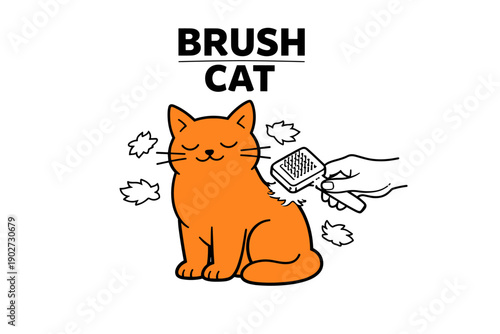 Orange cat enjoying grooming with brush illustration