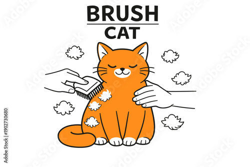 Illustrated orange cat enjoying grooming with brushes