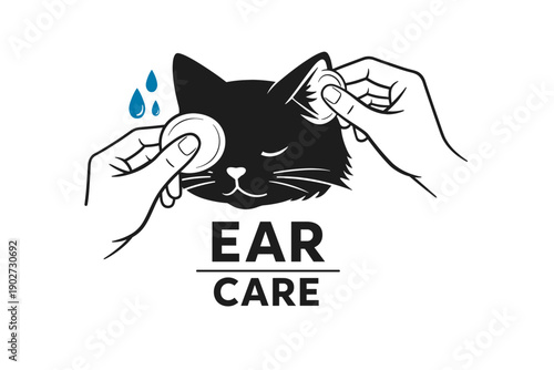 Cat ear care illustration with hands cleaning feline ears