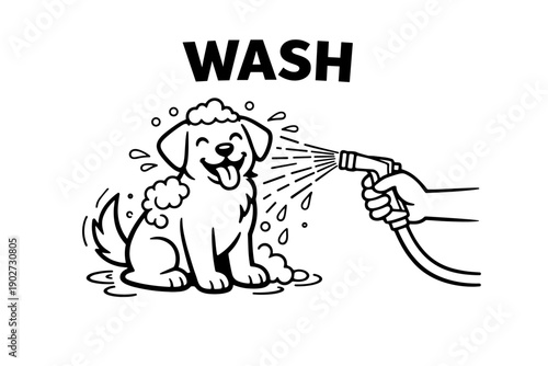 Happy cartoon dog getting washed with hose and soap suds