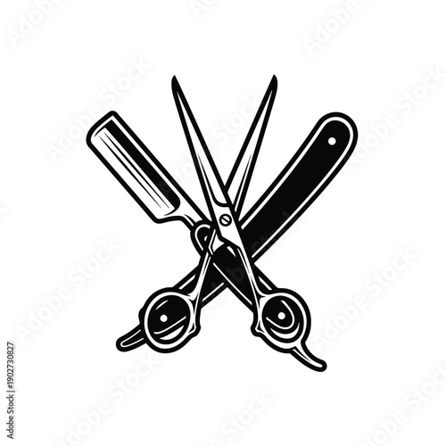 Classic barber tools emblem featuring crossed scissors and two straight razors in a vintage black and white illustration style.