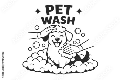 Happy dog bathing with bubbles and brush - pet wash service illustration