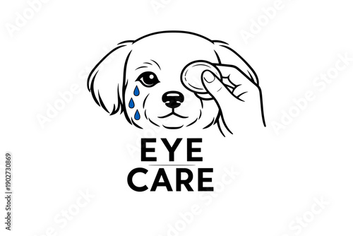 Puppy eye care logo with hand wiping tears from dog's eye