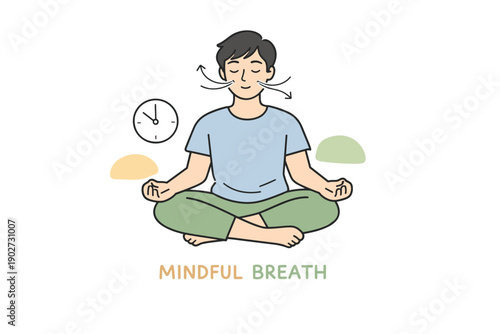 Male practicing mindful breathing meditation with illustration of time and relaxation