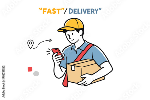 Male asian young delivery worker holding package and phone