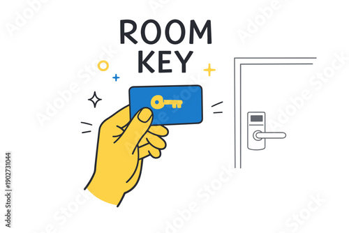Illustration of hand holding hotel room key card near electronic door lock