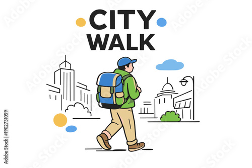 Young asian male walking in urban cityscape with backpack illustration
