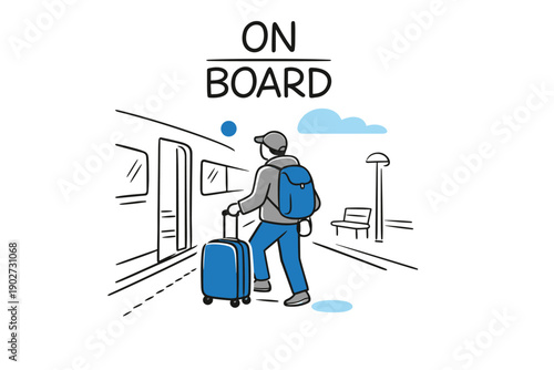 Male traveler boarding train with luggage at station in minimalist style illustration