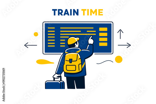 Male checking train schedule at station: travel adventure concept