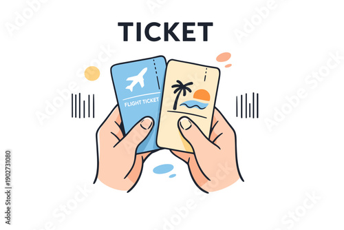 Illustrated hands holding flight and event tickets with barcode