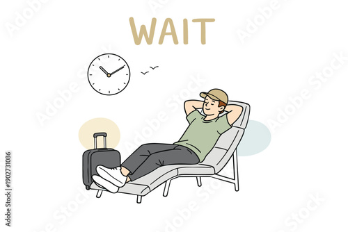 Young caucasian male relaxing with luggage before trip departure