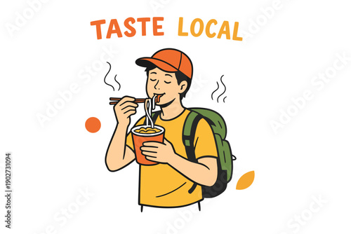 Young asian male eating noodles with chopsticks wearing backpack