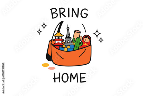 Colorful bag filled with travel souvenirs and iconic landmarks illustrations