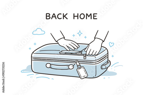 Hands closing suitcase for homecoming journey with clouds and hearts