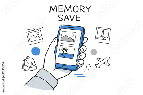 Smartphone memory preservation concept with travel images and icons
