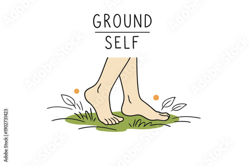 Ground yourself illustration with bare feet on grass and nature elements