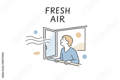 Caucasian adult male enjoying fresh air by open window illustration