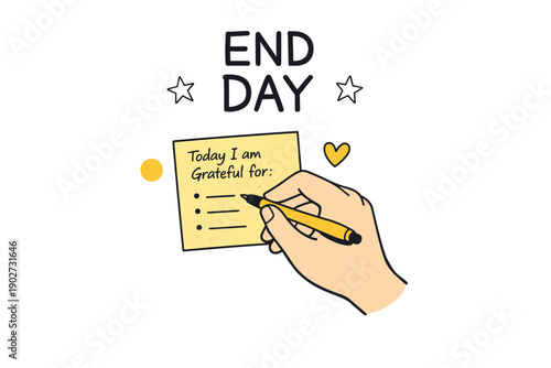 End of day gratitude note with handwriting and stars graphic