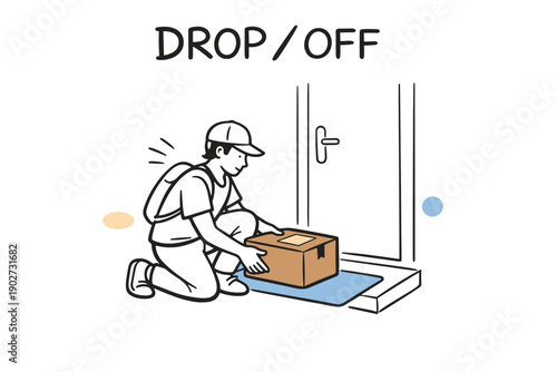 Male delivery worker leaving parcel at doorstep in minimalist cartoon style