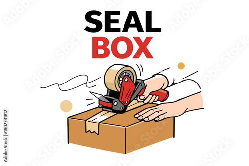 Hands sealing box with tape dispenser illustrating packaging process