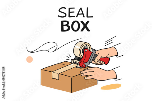 Hands sealing box with packing tape dispenser - practical packaging technique