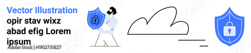 Cloud storage, data privacy, online security, cybersecurity, network protection, safe browsing. A figure holding a shield with a lock icon next to a cloud shape. Cloud storage and data privacy