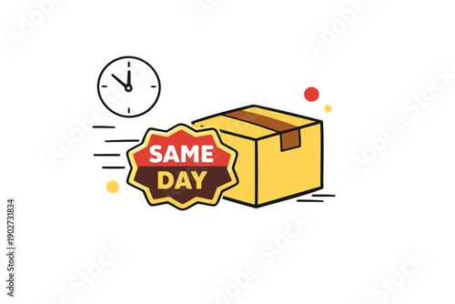 Same day delivery concept with package and clock for fast shipping