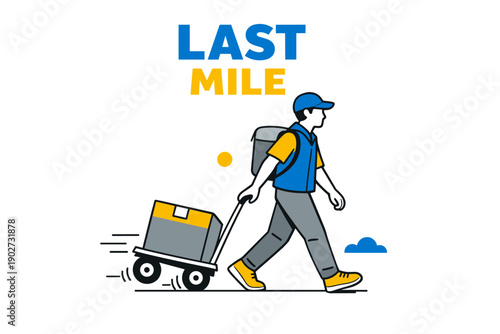 Delivery worker pulling cart with package for last mile service concept