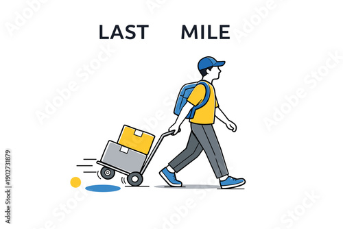 Male courier with cart delivering packages in last mile delivery concept
