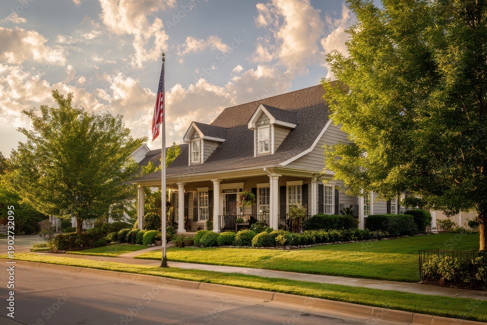 Naklejka premium United States flag at half-staff on a quiet suburban home at dawn, morning light on the front porch