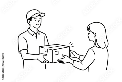 Cartoon delivery: male carrier hands package to female recipient