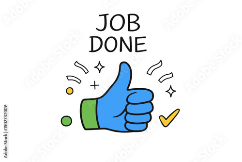 Job done graphic with thumbs up and symbols on white background