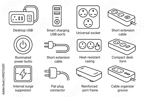 Icon feet desktop illuminated slots charging short vector usb flat power strip