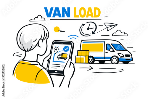 Male child tracking van delivery via mobile app illustration