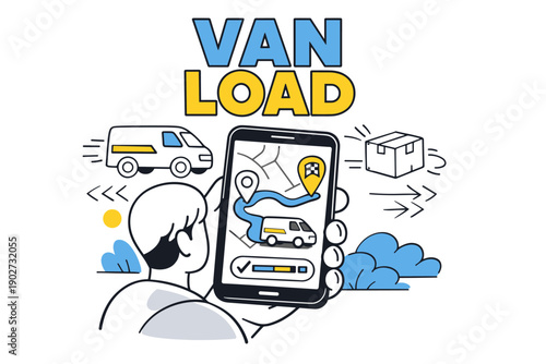 Delivery app interface with male figure using smartphone for van tracking