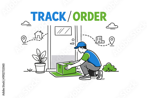 Track order concept: delivery man handling package at doorstep with location icons