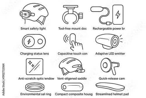 Safety helmet housing dock bike power icon led rechargeable vector lens