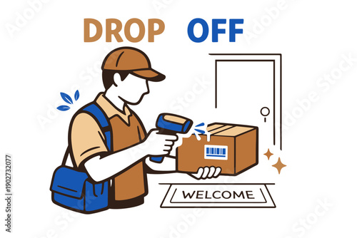 Male delivery worker scanning package at doorstep