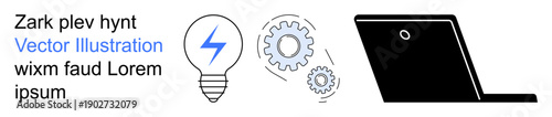 Technology, innovation, automation, digital tools, creative ideas, workflow optimization. Lightbulb, gears and laptop-thumbs up icon side by side. Technology and innovation concept