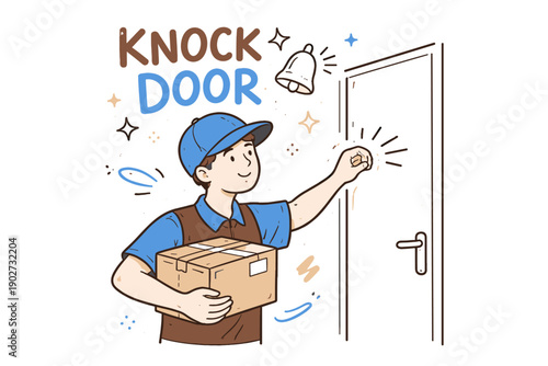 Young caucasian male delivery worker knocking on door with package