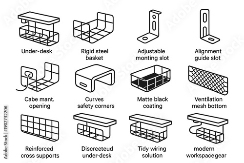 Under alignment mounting icon wiring management rigid basket tidy cable desk vector