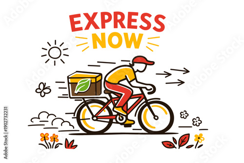 Express delivery: illustrated cyclist with package and nature elements
