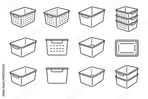 Vector system perforated icons modern smooth bin household plastic icon basket stackable