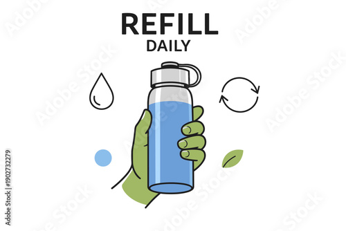 Hand holding reusable water bottle with refill daily reminder and eco-friendly symbols