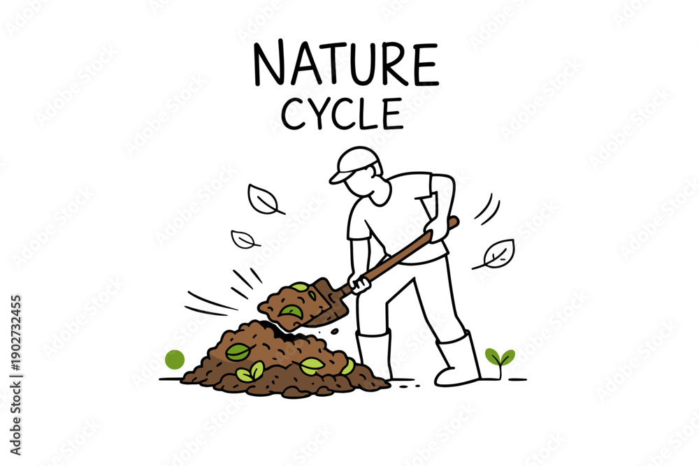 Fototapeta premium Young caucasian male gardening and composting for nature cycle illustration