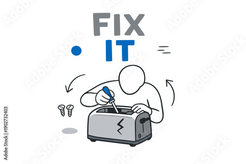 Cartoon illustration of person repairing toaster with tools