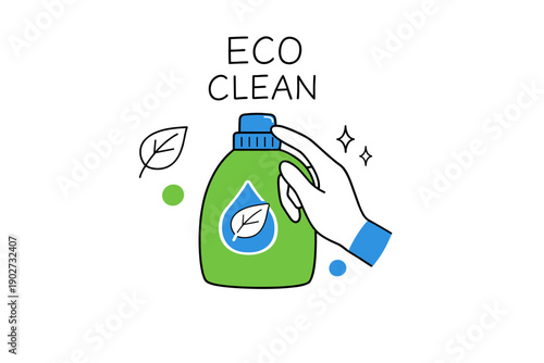 Eco clean bottle with hand and leaf illustration for environmentally friendly cleaning