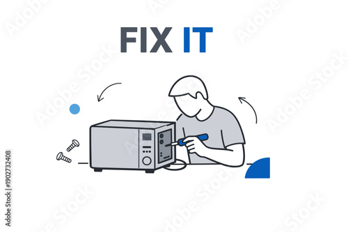 Cartoon illustration of male repairing appliance with tools