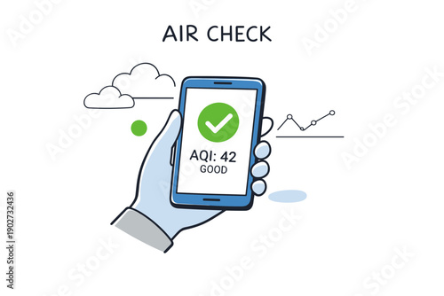 Air quality check on smartphone with 42 aqi indicating good level